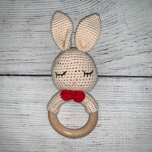 Sleeping Bunny Crochet Rattle - Red Bow