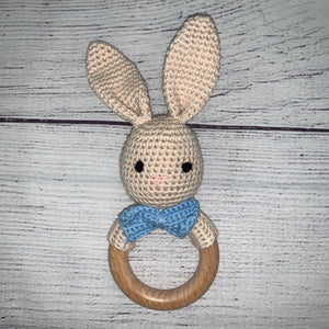 Sleeping Bunny Crochet Rattle - Blue Bow