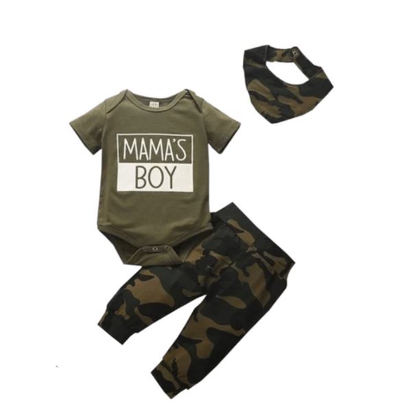 Mama's Boy Bodysuit, Camo Pants and Bib Set