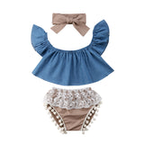 Fly Sleeve Denim Top, Lace Bloomers & Headband Set
